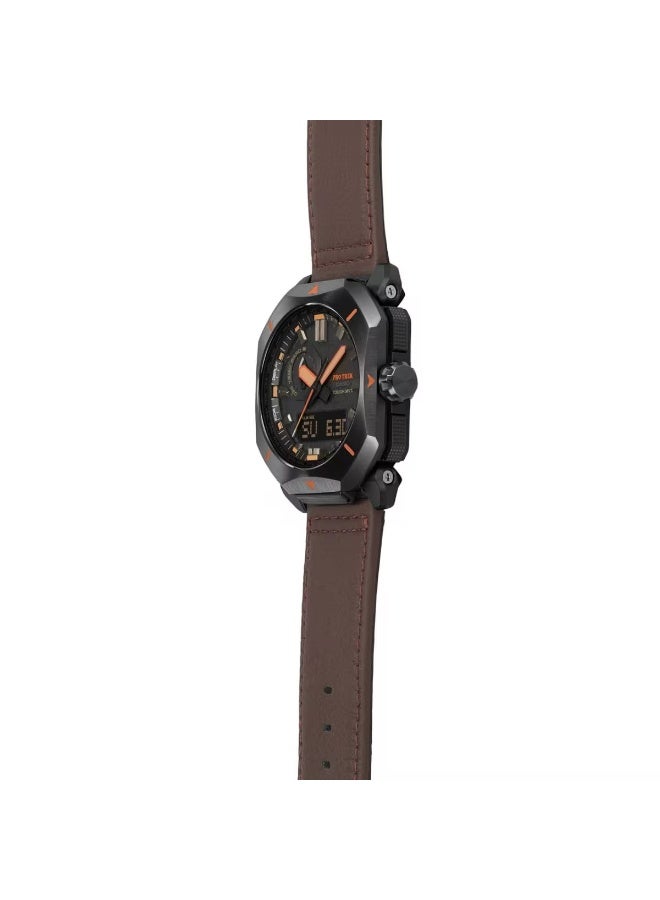 كاسيو Pro Trek Solar Analog‑Digital Men’s Watch PRW‑6900YL‑5PR, 49.6 mm Black Dial, Brown Leather Band, 100 m WR - Image 4